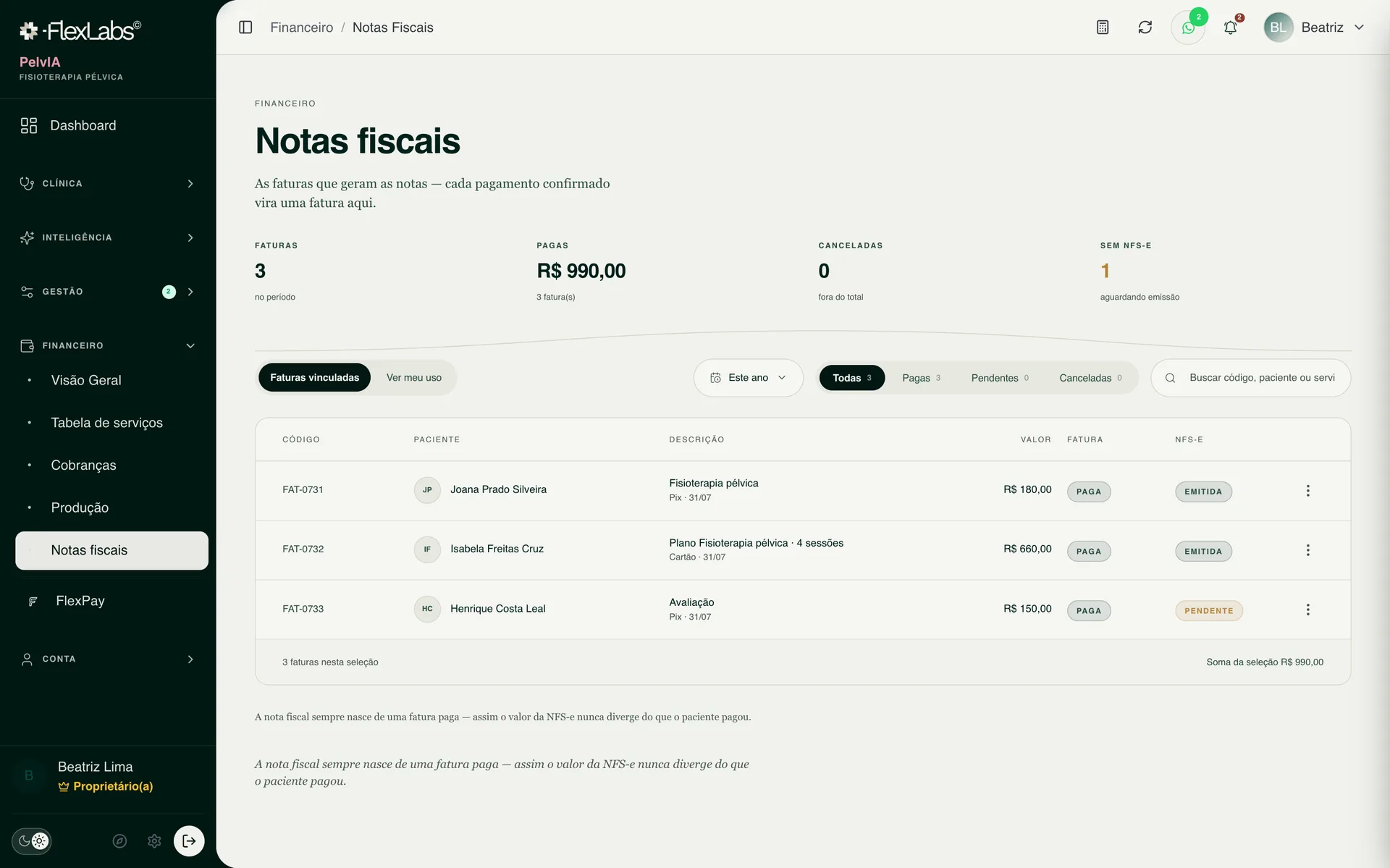 Financeiro, notas fiscais: faturas pagas com a situação da nota fiscal de cada uma