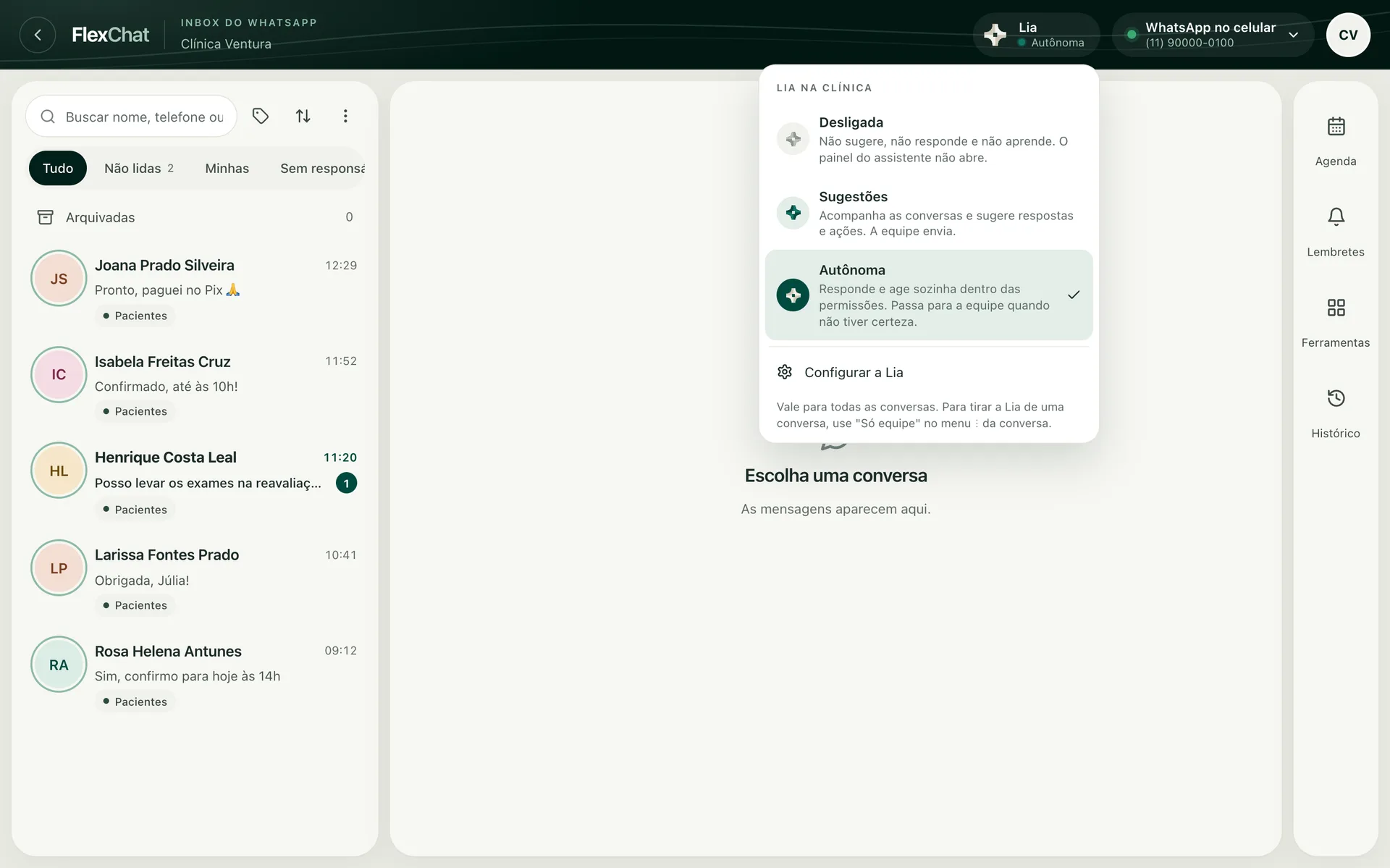 Menu da Lia no FlexChat com os modos Desligada, Sugestões e Autônoma