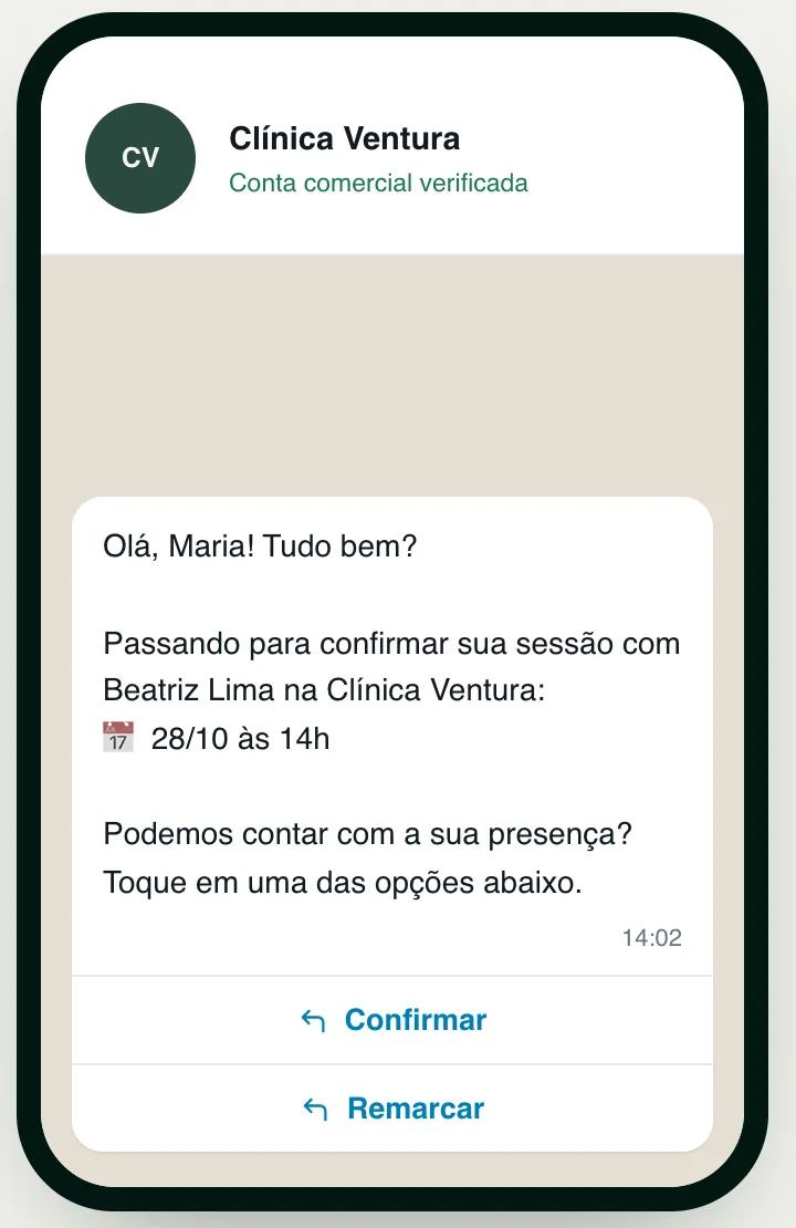 Mensagem de confirmação no WhatsApp da Clínica Ventura, com os botões Confirmar e Remarcar